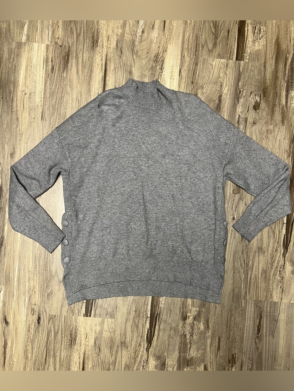 Joan Vass Gray Tight Knit Mock Neck Side Button Slit Pullover Sweater Large